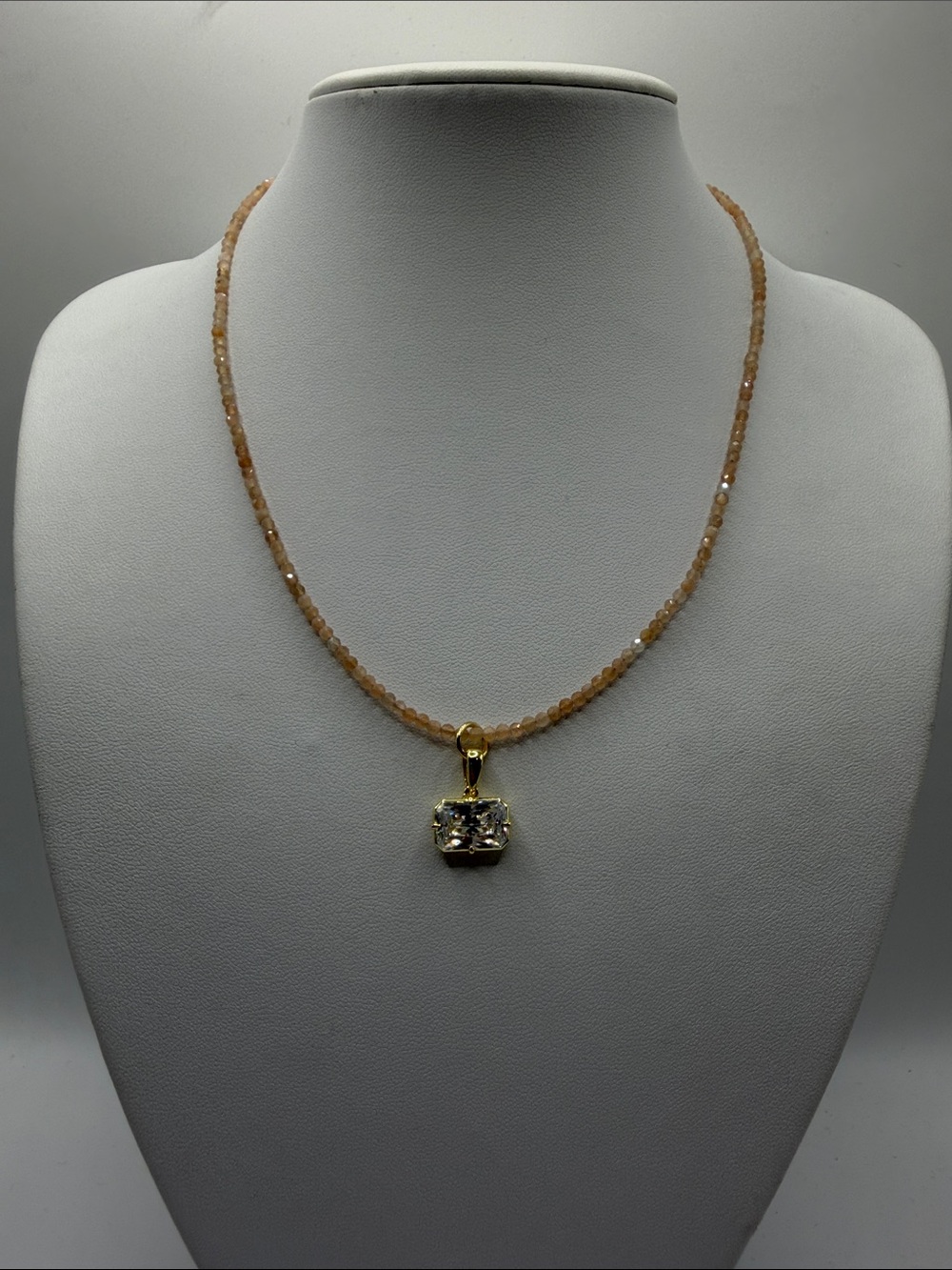 042. Gold and Peach Crystal Pendant Necklace 15 1/2” - 17 1/2”